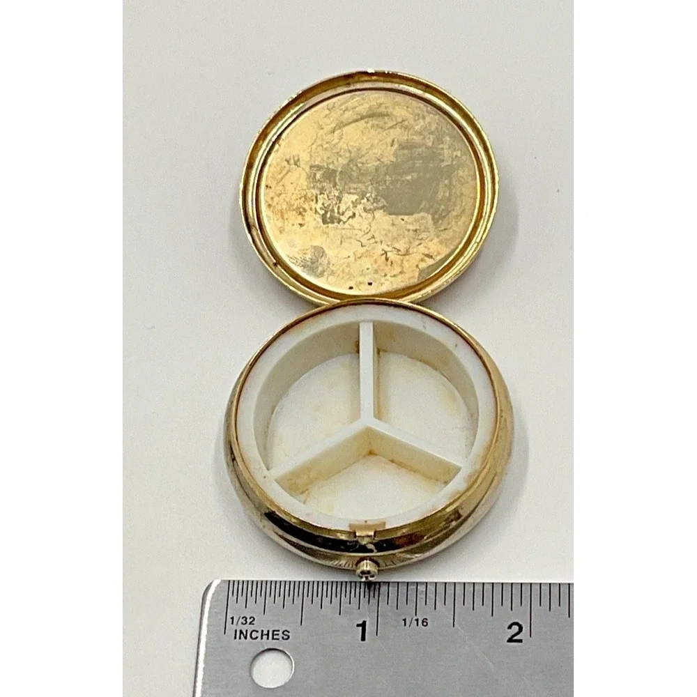 Vintage Round Pill Box Wood Inlay Gold‎ Tone 3-Compartment